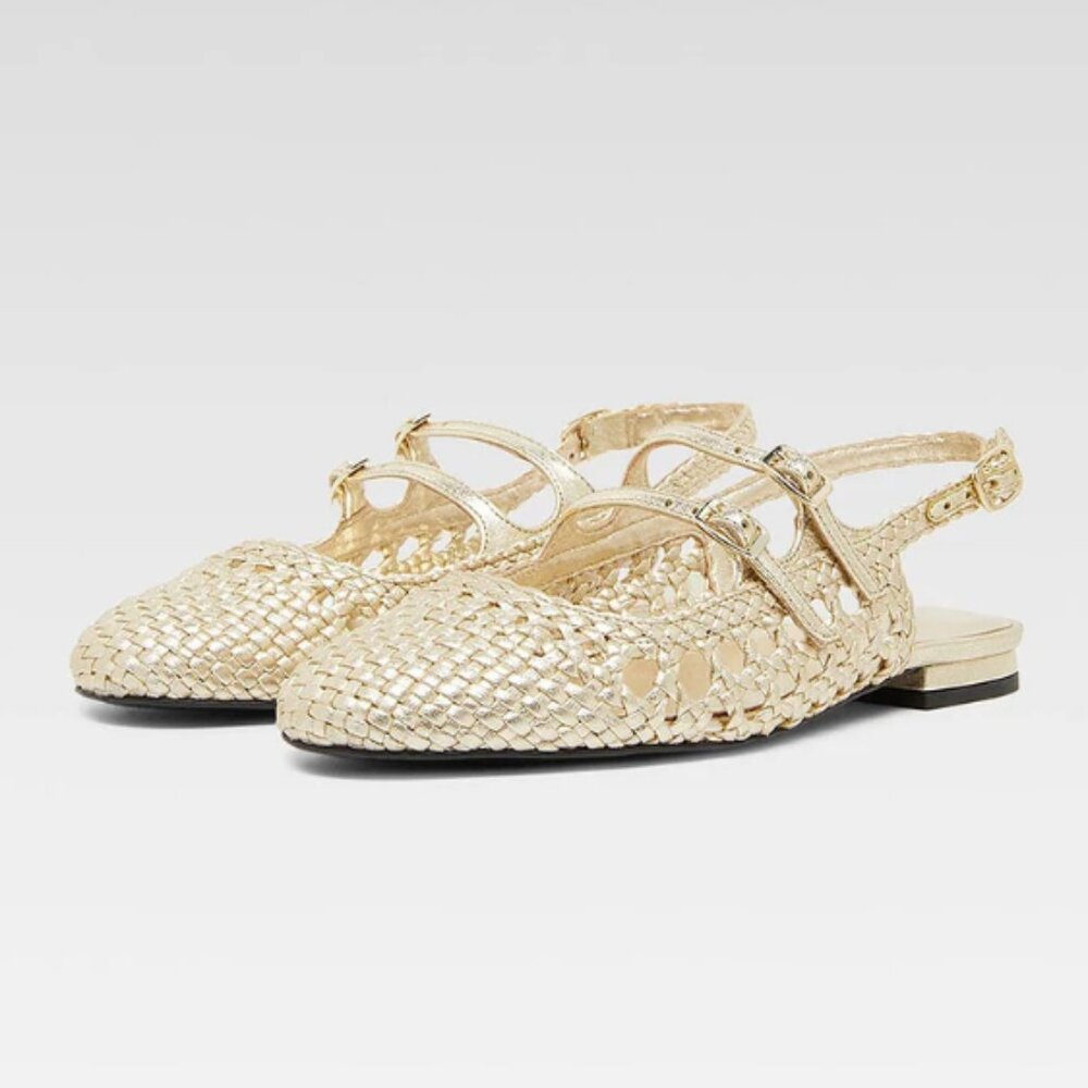 FSJ Gold Woven Round Toe Buckled Strappy Mary Jane Flats with Slingback Shoe